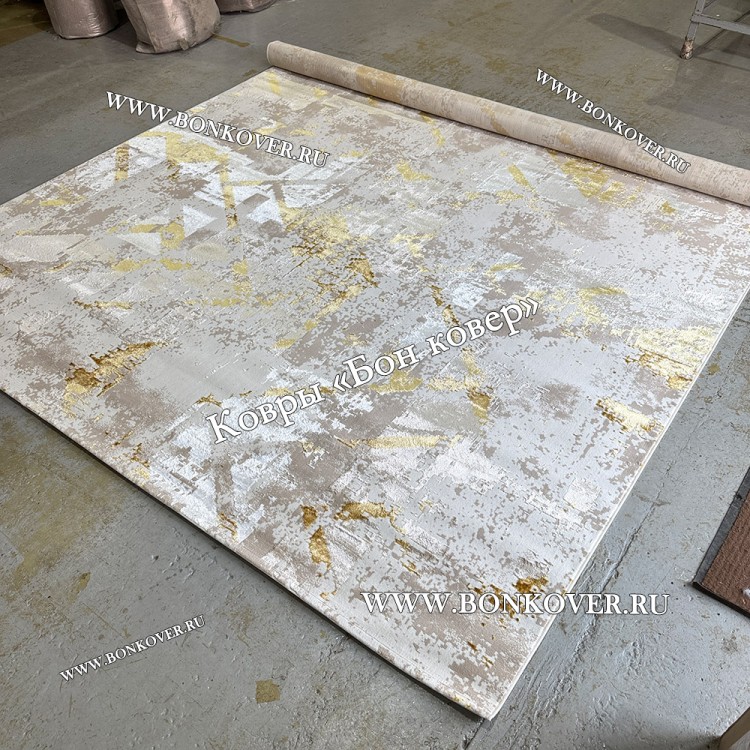 Турецкий Прямоугольный Ковер Бежевый с Золотистым дизайн 01